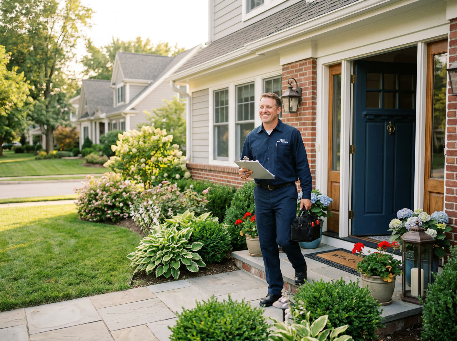 Friendly HVAC technician arriving at a customer's home