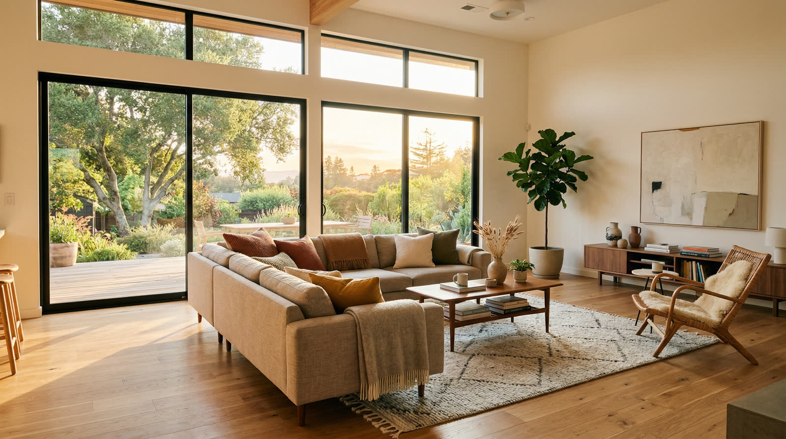 Bright, comfortable modern living room with warm natural light