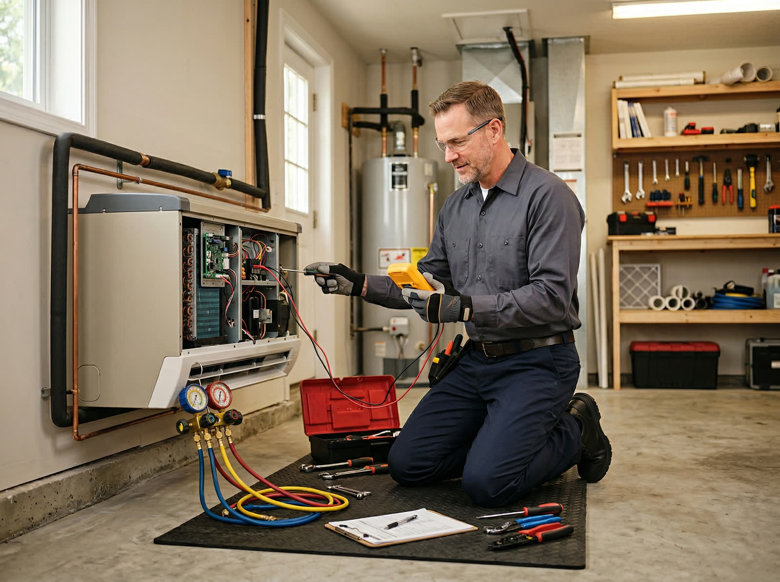 HVAC technician diagnosing an air conditioning unit